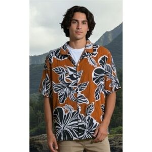 Kenneth Cole Button Up Hawaiian Shirt Rust Size L